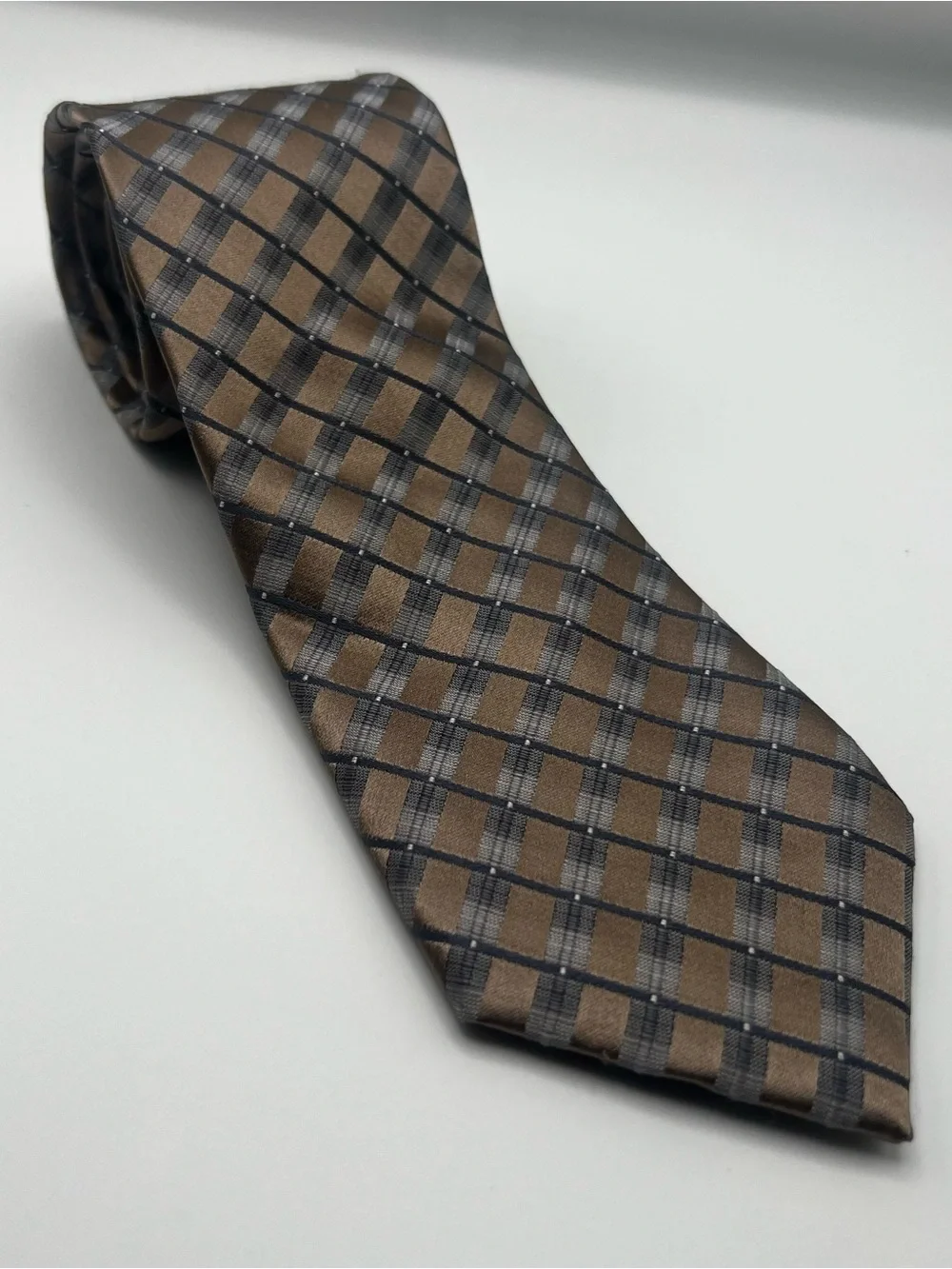 Kenneth Cole Brown and Gray Plaid Silk Tie